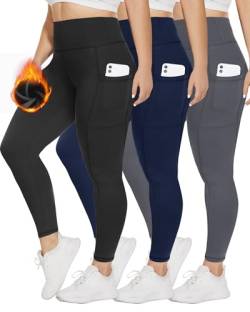 TNNZEET 3er-Pack Leggings mit Taschen, Übergröße, für Damen, schwarz, Umstands-Yogahose, Fleece gefüttert-schwarz/marineblau/grau, XX-Large von TNNZEET