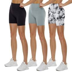 TNNZEET 3er Pack Radlerhose Damen High Waist Shorts Blickdicht Kurze Sporthose Leggings für Sport (Schwarz/Hellgrau/Weiße Tie-Dye,L-XL) von TNNZEET
