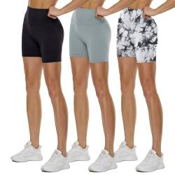 TNNZEET 3er Pack Radlerhose Damen High Waist Shorts Blickdicht Kurze Sporthose Leggings für Sport (Schwarz/Hellgrau/Weiße Tie-Dye,S-M) von TNNZEET