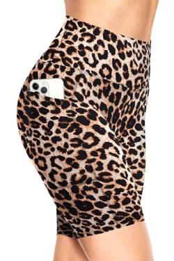 TNNZEET Radlerhose Damen Hohe Taille Kurze Sporthose Blickdicht Shorts für Yoga Gym (Leopard-mit Taschen,S-M) von TNNZEET