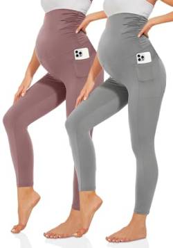 TNNZEET Umstandsleggings Damen Blickdicht Schwangerschaft Leggings Lang mit Taschen für Yoga(Hautfarbe/Hellgrau,S) von TNNZEET