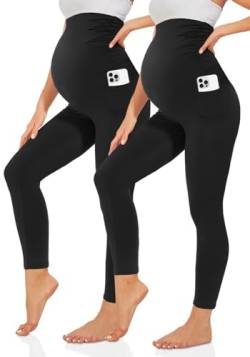 TNNZEET Umstandsleggings Damen Blickdicht Schwangerschaft Leggings Lang mit Taschen für Yoga(Schwarz*2,XL) von TNNZEET