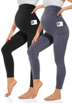 TNNZEET Umstandsleggings Damen Blickdicht Schwangerschaft Leggings Lang mit Taschen für Yoga(Schwarz/Dunkelgrau,M) von TNNZEET
