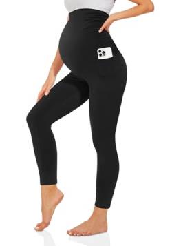 TNNZEET Umstandsleggings Damen Blickdicht Schwangerschaft Leggings Lang mit Taschen für Yoga(Schwarz,L) von TNNZEET