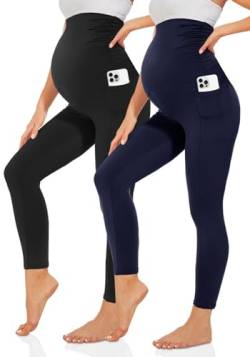 TNNZEET Umstandsleggings Damen Blickdicht Schwangerschaft Leggings Lang mit Taschen für Yoga(Schwarz/Marineblau,L) von TNNZEET