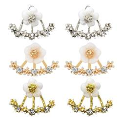 TNSRAY 3 Paare Kleine Damen-Ohrringe mit Gänseblümchen-Rückseite zum Aufhängen, Bling Ohrklemmen, Verhindern Allergien Zircon Frauen-Bolzen-Ohrringe,Mit Bunte Blumen Perle, Für Partei, Hochzeiten von TNSRAY