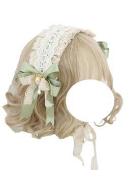 Grünes Schleifen-Stirnband, Spitze, Schleife, Kopfbedeckung, Doppelband, Stirnband, Lolita, Party, Cosplay, Haarschmuck für Frauen (Grün B) von TO KU TOO YUO