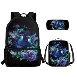 TOADDMOS 3-teiliger Rucksack für Jungen und Mädchen, mit Lunch-Tasche, Federmäppchen, Blaue Kolibri-Blume, Rucksack, Rucksäcke von TOADDMOS