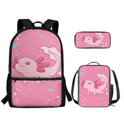 TOADDMOS 3-teiliger Rucksack für Jungen und Mädchen, mit Lunch-Tasche, Federmäppchen, Cartoon-Tier Axolotl, Rucksack, Rucksäcke von TOADDMOS