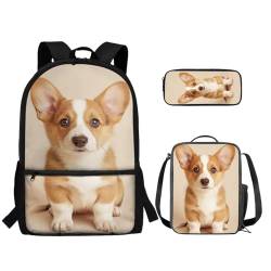 TOADDMOS 3-teiliger Rucksack für Jungen und Mädchen, mit Lunch-Tasche, Federmäppchen, Corgi Dog, Rucksack Backpacks von TOADDMOS