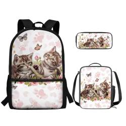 TOADDMOS 3-teiliger Rucksack für Jungen und Mädchen, mit Lunch-Tasche, Federmäppchen, Kawaii-Katze, Schmetterling, Rucksack Backpacks von TOADDMOS