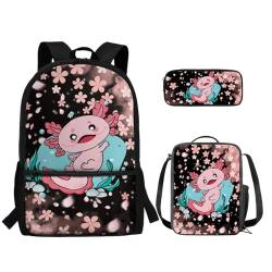 TOADDMOS 3-teiliger Rucksack für Jungen und Mädchen, mit Lunch-Tasche, Federmäppchen, Pflaumenblüten Axolotl, Rucksack, Rucksäcke von TOADDMOS