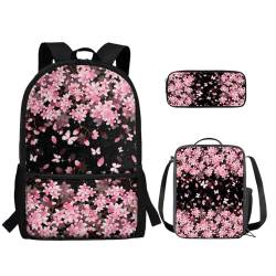 TOADDMOS 3-teiliger Rucksack für Jungen und Mädchen, mit Lunch-Tasche, Federmäppchen, Pflaumenblüten-Blume, Rucksack, Rucksäcke von TOADDMOS