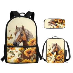 TOADDMOS 3-teiliger Rucksack für Jungen und Mädchen, mit Lunch-Tasche, Federmäppchen, Schmetterling, Sonnenblume, Pferd, Rucksack, Rucksäcke von TOADDMOS