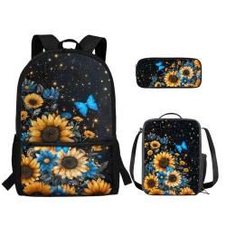 TOADDMOS 3-teiliger Rucksack für Jungen und Mädchen, mit Lunch-Tasche, Federmäppchen, Sonnenblumen-Schmetterling, Rucksack, Rucksäcke von TOADDMOS