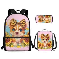 TOADDMOS 3-teiliger Rucksack für Jungen und Mädchen, mit Lunch-Tasche, Federmäppchen, Sunflower Corgi Dog, Rucksack Backpacks von TOADDMOS