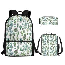 TOADDMOS 3-teiliger Rucksack für Jungen und Mädchen, mit Lunch-Tasche, Federmäppchen, Tropischer Kaktus, Rucksack, Rucksäcke von TOADDMOS