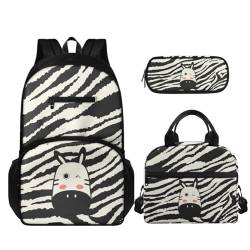 TOADDMOS 3-teiliges Kinder-Rucksack-Set für Mädchen und Jungen, Schultasche mit isoliertem Mittagessen, tragbar und Federmäppchen, Zebramuster, Schulranzen-Set von TOADDMOS