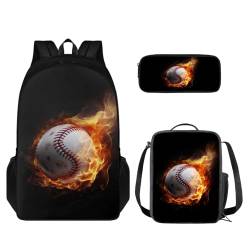 TOADDMOS 3-teiliges Kinderrucksack-Set, Schulrucksack mit isolierter Lunchbox, Federmäppchen, Fire Baseball, Rucksack, Rucksäcke von TOADDMOS