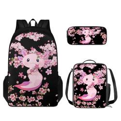 TOADDMOS 3-teiliges Kinderrucksack-Set, Schulrucksack mit isolierter Lunchbox, Federmäppchen, Pflaumenblüten Axolotl, Rucksack, Rucksäcke von TOADDMOS