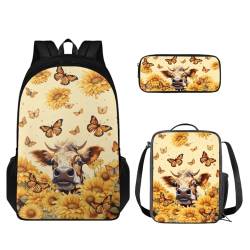 TOADDMOS 3-teiliges Kinderrucksack-Set, Schulrucksack mit isolierter Lunchbox, Federmäppchen, Sonnenblume, Kuh, Schmetterling, Rucksack, Rucksäcke von TOADDMOS