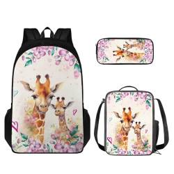 TOADDMOS 3-teiliges Kinderrucksack-Set, Schulrucksack mit isolierter Lunchbox, Federmäppchen, giraffe, Rucksack, Rucksäcke von TOADDMOS