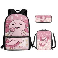 TOADDMOS 3-teiliges Schulrucksack-Set für Kinder, Büchertasche + isolierte Lebensmittelbox + Federmäppchen mit Reißverschluss, Axolotl, Rucksack, Rucksäcke von TOADDMOS