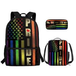 TOADDMOS 3-teiliges Schulrucksack-Set für Kinder, Büchertasche + isolierte Lebensmittelbox + Federmäppchen mit Reißverschluss, Pride USA-Flagge, Rucksack, Rucksäcke von TOADDMOS