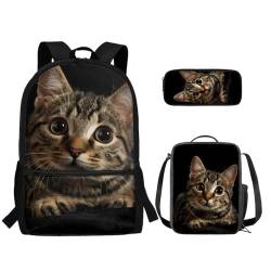 TOADDMOS 3-teiliges Schulrucksack-Set für Kinder, Büchertasche + isolierte Lebensmittelbox + Federmäppchen mit Reißverschluss, Tierkatze, Rucksack, Rucksäcke von TOADDMOS