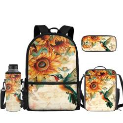 TOADDMOS 4-teiliges Schulranzen-Set 43,2 cm, Büchertasche mit Lunchbox, Federmäppchen, Wasserflaschenhülle, Sonnenblumenkolibri, Rucksack, Rucksäcke von TOADDMOS