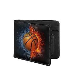 TOADDMOS Fashion Print PU Leder Herren Slim Bi-fold Geldbörse mit Kreditkartenfach und Ausweisfenster, Feuer Wasser Basketball, Modern von TOADDMOS