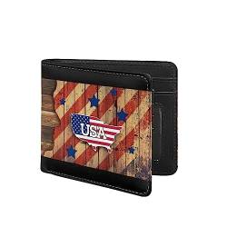 TOADDMOS Fashion Print PU Leder Herren Slim Bi-fold Geldbörse mit Kreditkartenfach und Ausweisfenster, Retro-Flagge mit USA-Karte, Modern von TOADDMOS