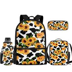 TOADDMOS Kinder-Rucksack-Set, 4-teilig, Schultasche mit Lunchbox, Federmäppchen, Wasserflaschenhülle, Sonnenblumenkuh, Rucksack, Rucksäcke von TOADDMOS