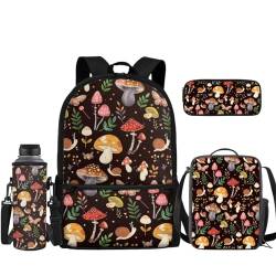 TOADDMOS Kinder-Rucksack-Set, 4-teilig, Schultasche mit Lunchbox, Federmäppchen, Wasserflaschenhülle, mushroom, Rucksack, Rucksäcke von TOADDMOS