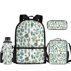 TOADDMOS Kinder-Rucksack für Jungen und Mädchen, Schulter-Büchertasche mit Lunchbox, Federmäppchen, Wasserflaschen-Tragetasche, 4-teilig, cactus, Rucksack, Rucksäcke von TOADDMOS