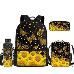 TOADDMOS Kinder-Rucksack für Jungen und Mädchen, Schultertasche, Büchertasche mit Lunchbox, Federmäppchen, Wasserflasche, Tragetasche, 4-teilig, Sonnenblumen-Schmetterling, Rucksack Backpacks von TOADDMOS