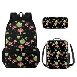 TOADDMOS Kinder-Rucksack mit Lunch-Tasche, Federmäppchen, 3-teiliges Set für Grundschüler, Pilzfrosch, Rucksack, Rucksäcke von TOADDMOS