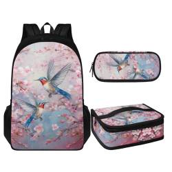 TOADDMOS Kinder-Schultaschen-Set, 3-in-1, leicht, groß, Kinder-Rucksack mit tragbarer Tasche, Stifthalter, Kolibri-Pflaumenblüten, Rucksack, Rucksäcke von TOADDMOS