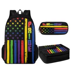 TOADDMOS Kinder-Schultaschen-Set, 3-in-1, leicht, groß, Kinder-Rucksack mit tragbarer Tasche, Stifthalter, Pride USA-Flagge, Rucksack, Rucksäcke von TOADDMOS