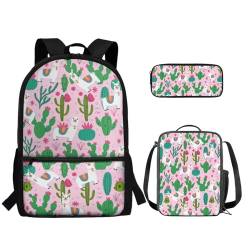 TOADDMOS Kinderrucksack-Set, Schulanfang, Mittelschule, Schultasche, Lunchbox, Federmäppchen, 3 Stück, Alpaka-Lama-Kaktus, Rucksack, Rucksäcke von TOADDMOS