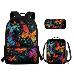 TOADDMOS Kinderrucksack-Set, Schulanfang, Mittelschule, Schultasche, Lunchbox, Federmäppchen, 3 Stück, Farbe: Schmetterling, Rucksack, Rucksäcke von TOADDMOS