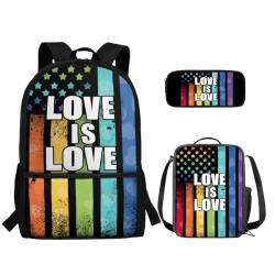 TOADDMOS Kinderrucksack-Set, Schulanfang, Mittelschule, Schultasche, Lunchbox, Federmäppchen, 3 Stück, Love is Love Regenbogen-Flagge, Rucksack, Rucksäcke von TOADDMOS