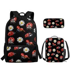 TOADDMOS Kinderrucksack-Set, Schulanfang, Mittelschule, Schultasche, Lunchbox, Federmäppchen, 3 Stück, Marienkäfer Gänseblümchen, Rucksack, Rucksäcke von TOADDMOS