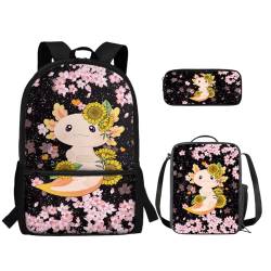 TOADDMOS Kinderrucksack-Set, Schulanfang, Mittelschule, Schultasche, Lunchbox, Federmäppchen, 3 Stück, Pflaumenblüten Axolotl, Rucksack, Rucksäcke von TOADDMOS