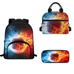 TOADDMOS Kleiner Rucksack mit isolierter Lunchtasche, Federmäppchen, 3-teilig, 30,5 cm, Burning Fire Basketball, Schulranzen-Set von TOADDMOS