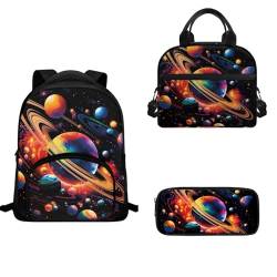 TOADDMOS Kleiner Rucksack mit isolierter Lunchtasche, Federmäppchen, 3-teilig, 30,5 cm, Galaxy Planet, Schulranzen-Set von TOADDMOS