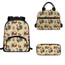 TOADDMOS Kleiner Rucksack mit isolierter Lunchtasche, Federmäppchen, 3-teilig, 30,5 cm, Hahn Huhn, Schulranzen-Set von TOADDMOS