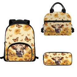 TOADDMOS Kleiner Rucksack mit isolierter Lunchtasche, Federmäppchen, 3-teilig, 30,5 cm, Sonnenblume, Kuh, Schmetterling, Schulranzen-Set von TOADDMOS