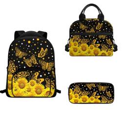TOADDMOS Kleiner Rucksack mit isolierter Lunchtasche, Federmäppchen, 3-teilig, 30,5 cm, Sonnenblumen-Schmetterling, Schulranzen-Set von TOADDMOS