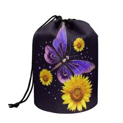 TOADDMOS Maßgeschneiderte Druck Kordelzug Make-up Tasche Reise Kosmetik Kulturbeutel Organizer Tasche für Frauen Mädchen, Leichte Multifunktionale Aufbewahrungstasche, Lila Schmetterling Sonnenblume, von TOADDMOS